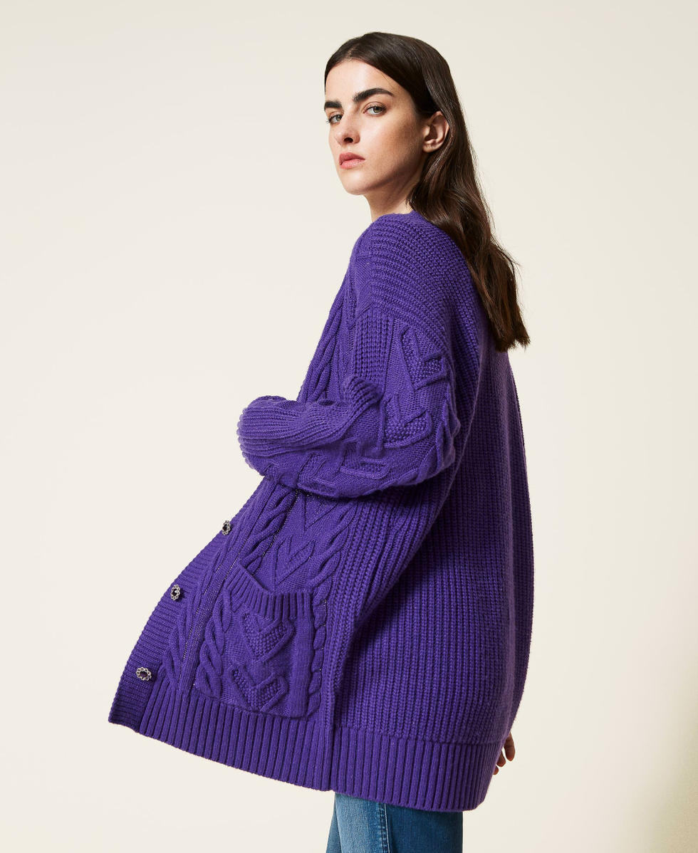 Long cardigan with cable knit and hearts Woman, Purple | TWINSET