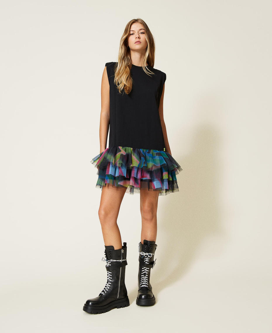Short MYFO dress with tulle flounces Black / Graffiti Print Woman 222AQ2014-01