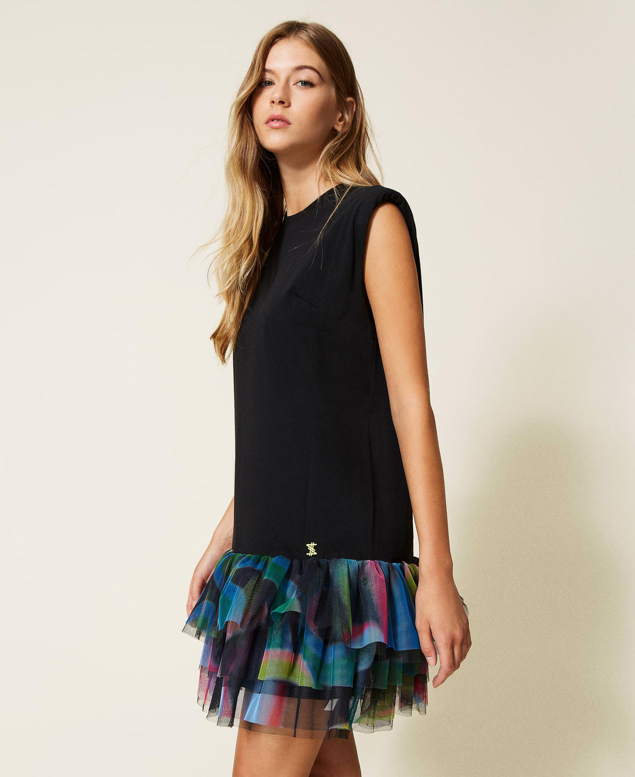 Short MYFO dress with tulle flounces Black / Graffiti Print Woman 222AQ2014-02