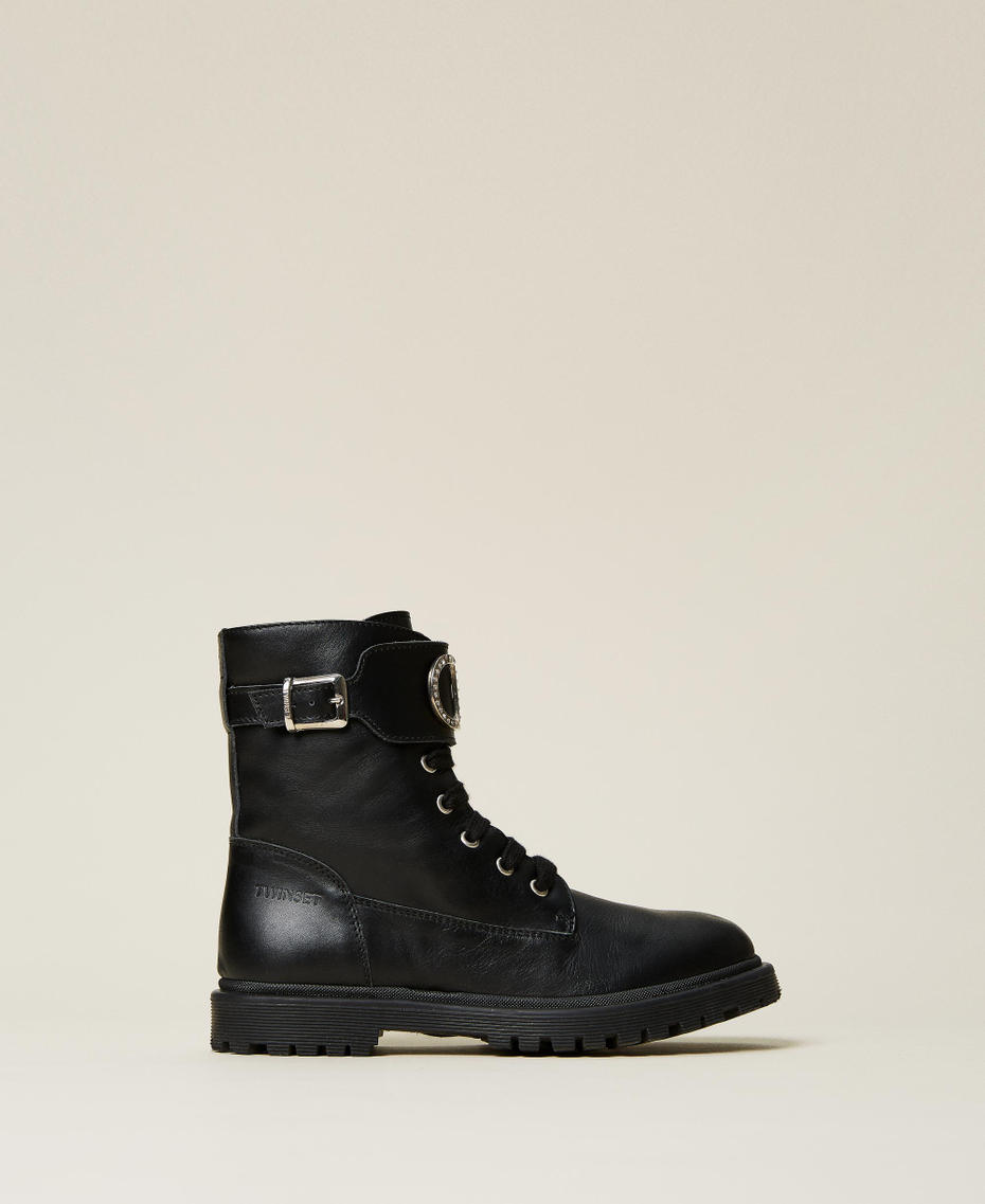 Leather combat boots with logo and strap
