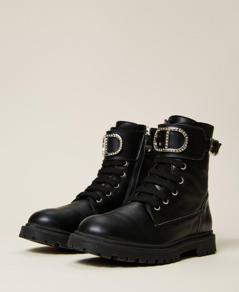 Leather combat boots with logo and strap Black Girl 222GCJ04A-02