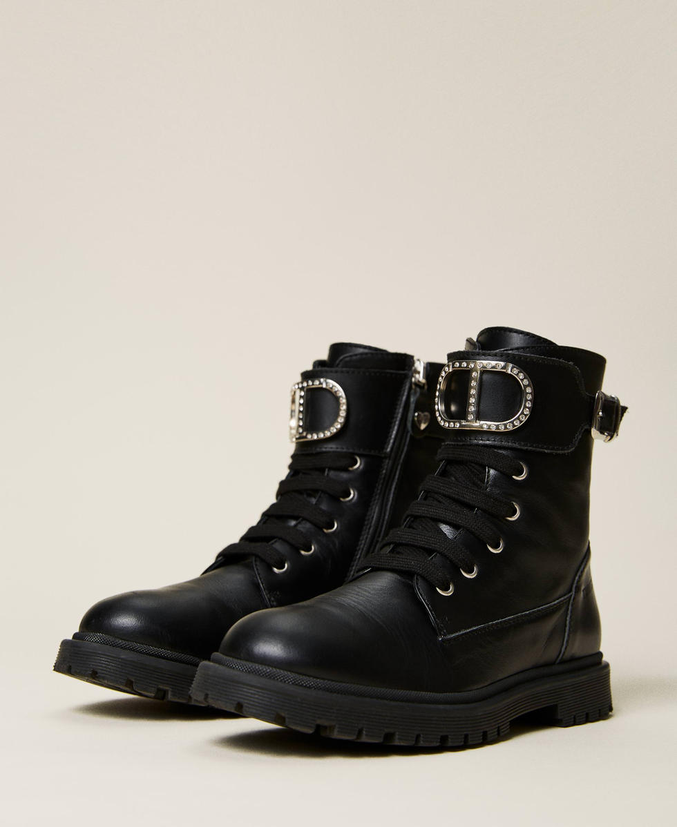 Leather combat boots with logo and strap Girl Black TWINSET Milano
