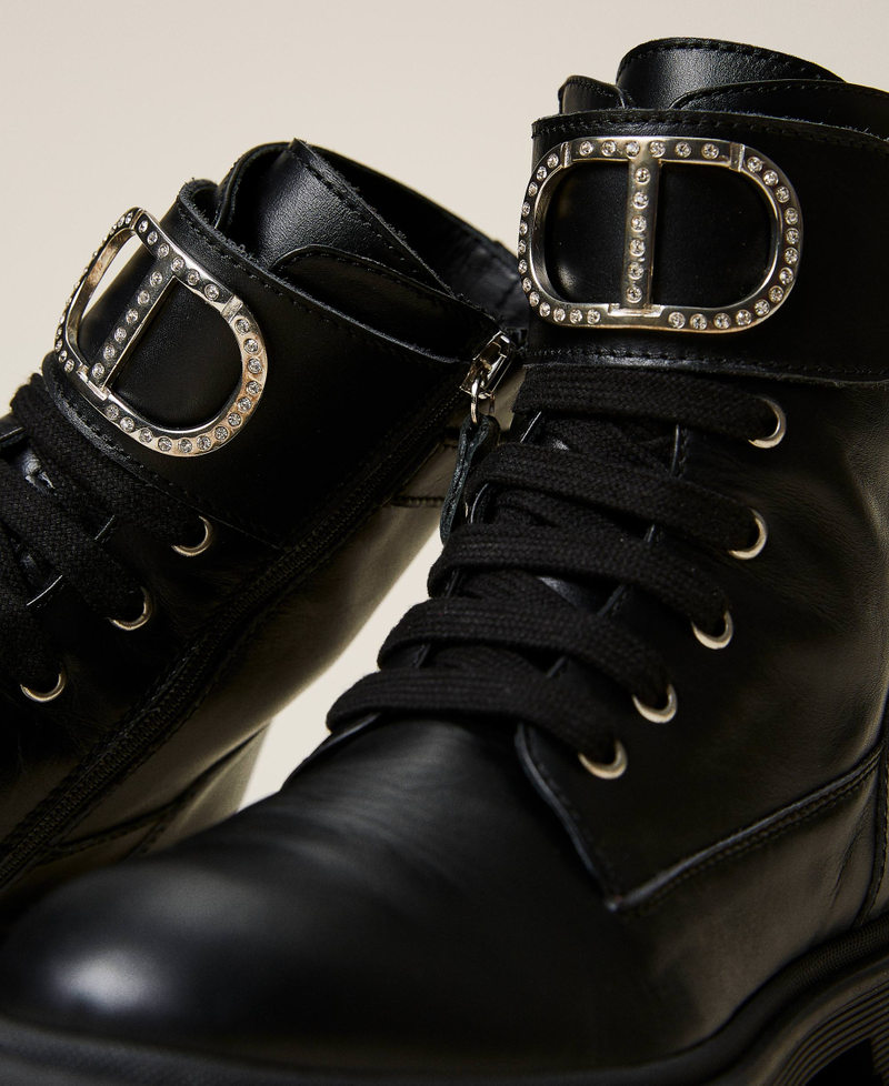 Leather combat boots with logo and strap Black Girl 222GCJ04A-03