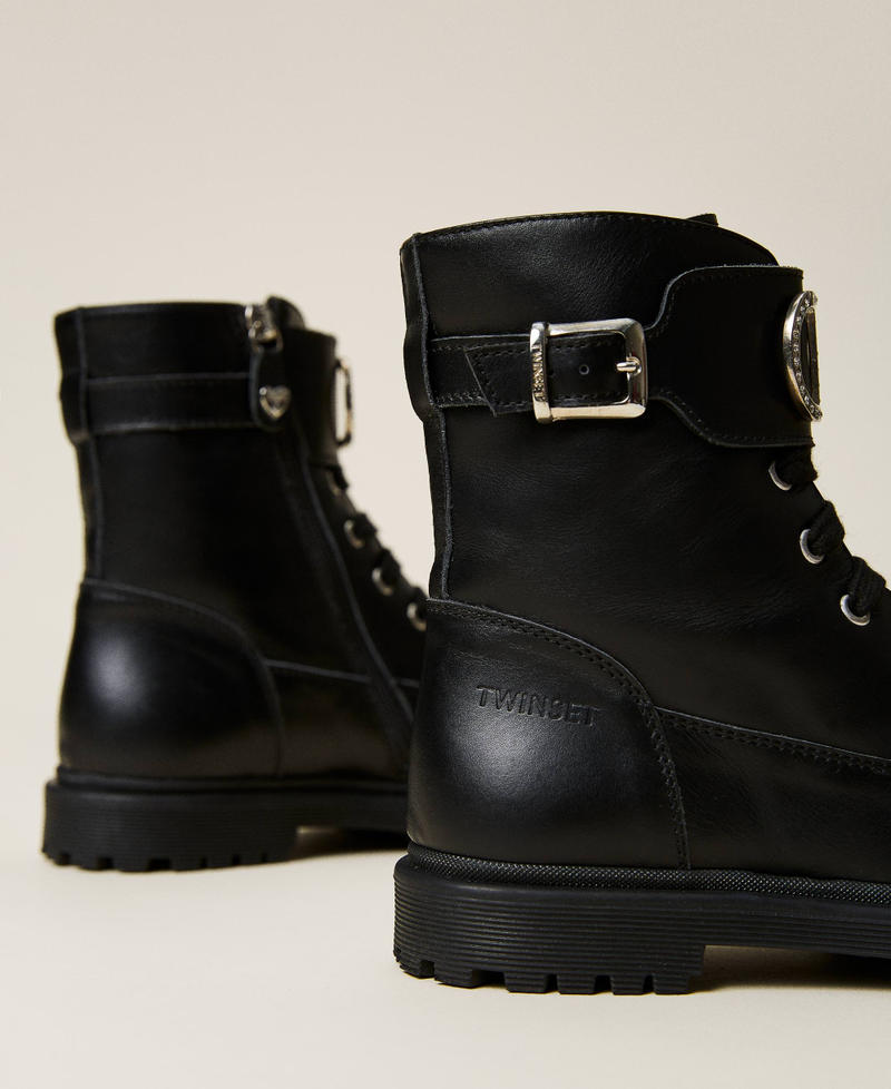 Leather combat boots with logo and strap Black Girl 222GCJ04A-04