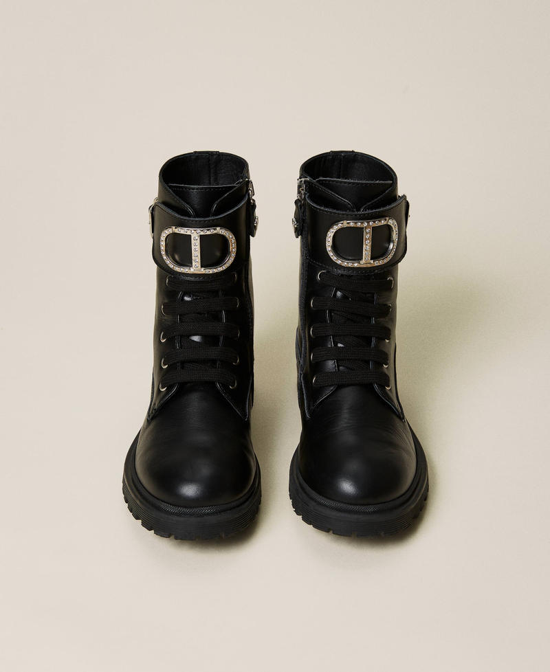 Leather combat boots with logo and strap Black Girl 222GCJ04A-05