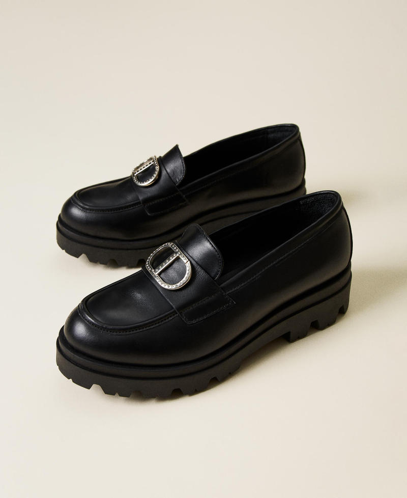 Leather loafers with logo and strap Black Girl 222GCJ04C-01