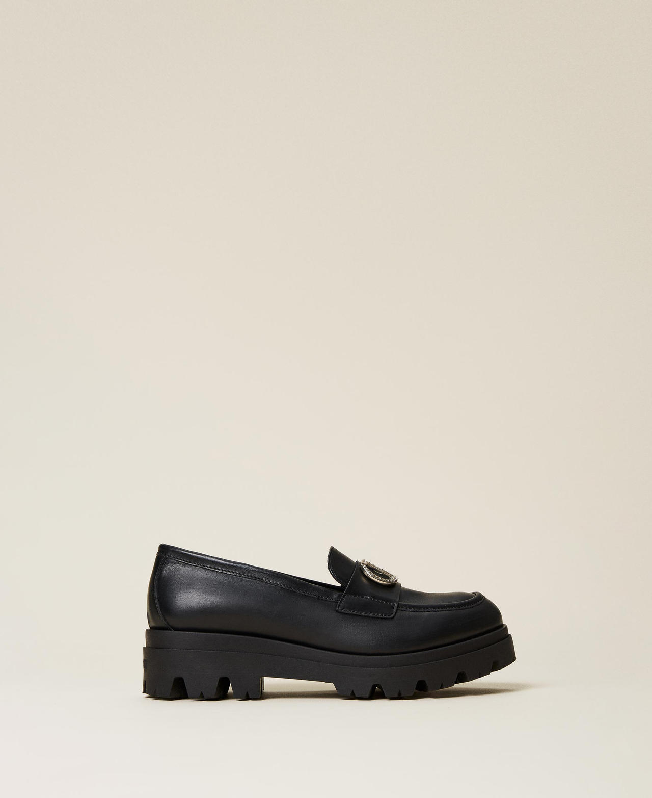 Leather loafers with logo and strap Black Girl 222GCJ04C-02