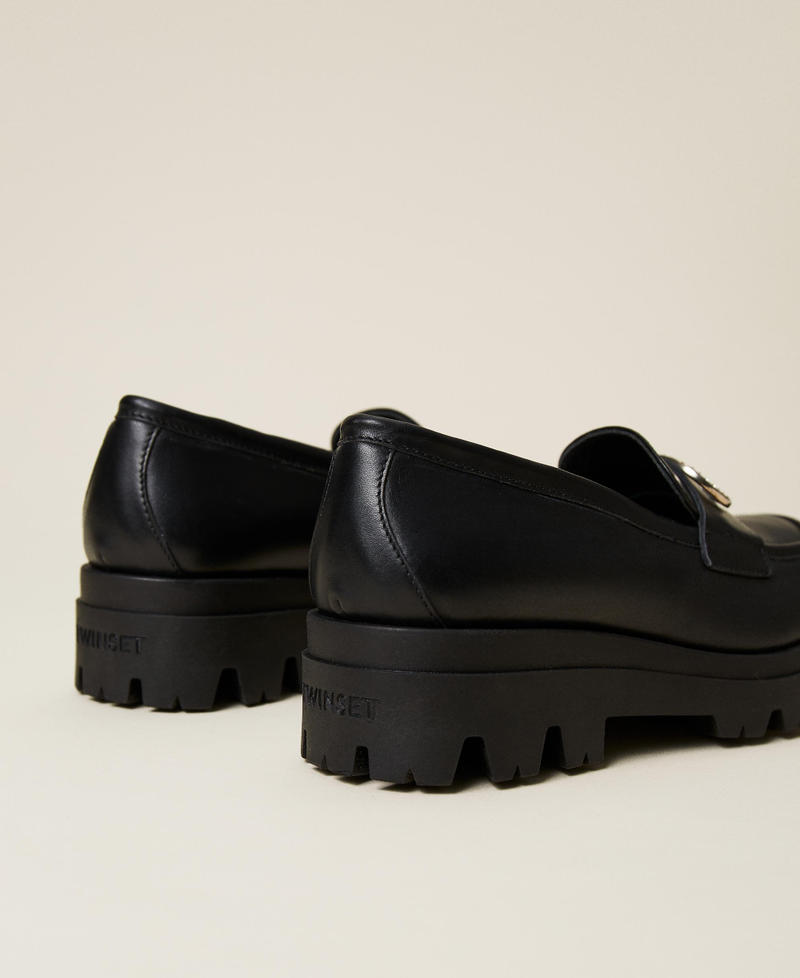 Leather loafers with logo and strap Black Girl 222GCJ04C-04