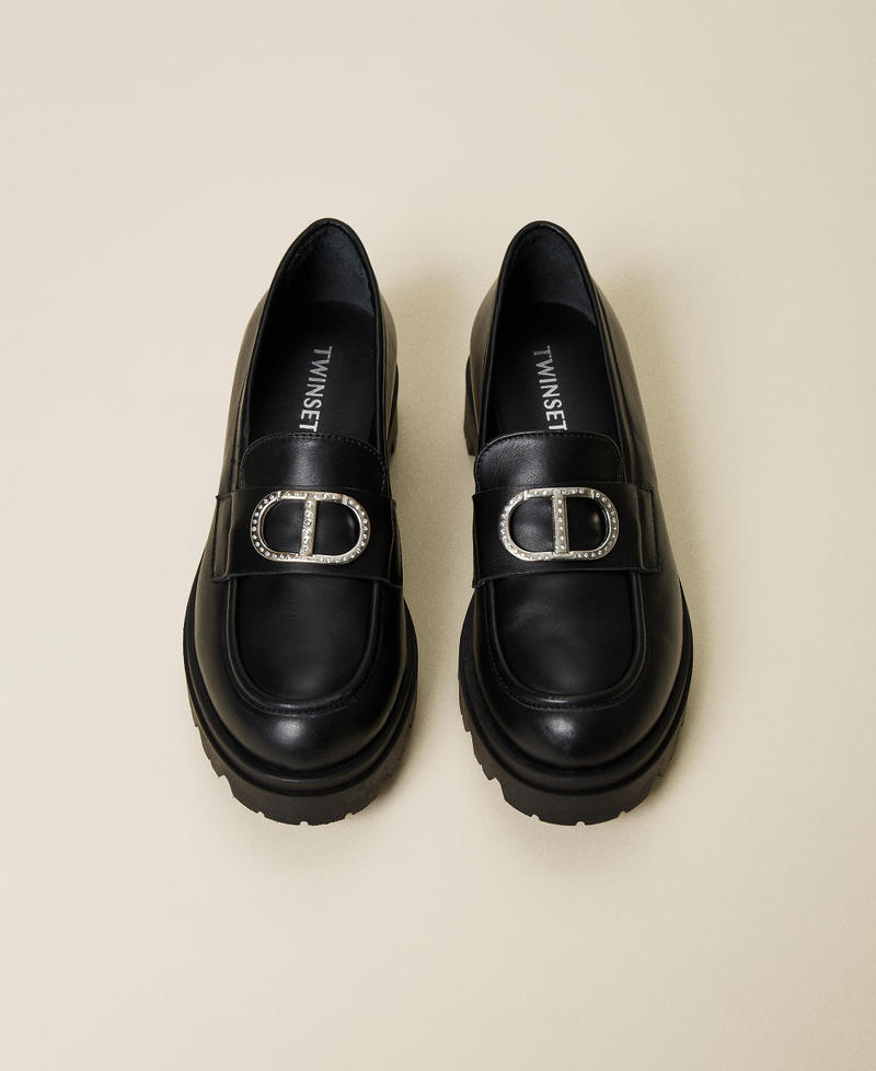 Leather loafers with logo and strap Black Girl 222GCJ04C-05