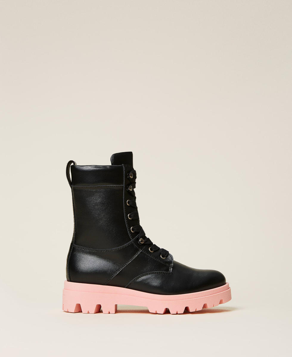 Leather combat boots with contrasting sole Girl Black TWINSET