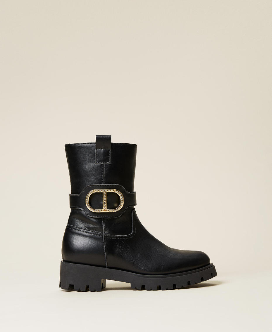 Leather biker boots with logo
