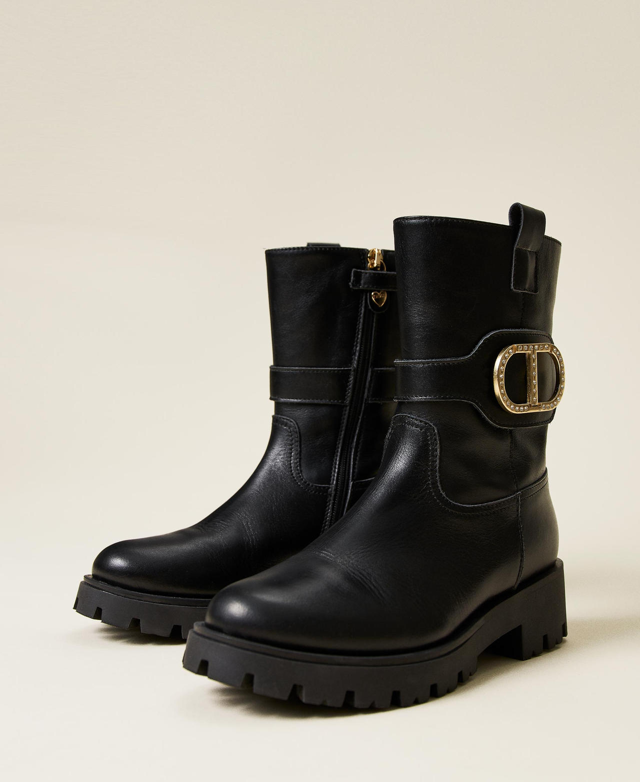 Leather biker boots with logo