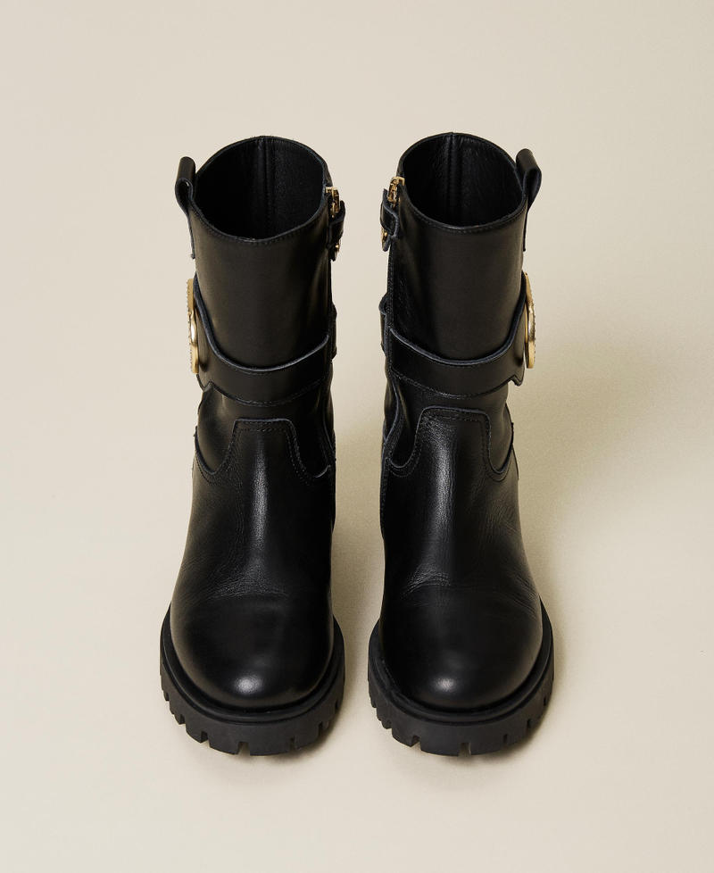 Leather biker boots with logo