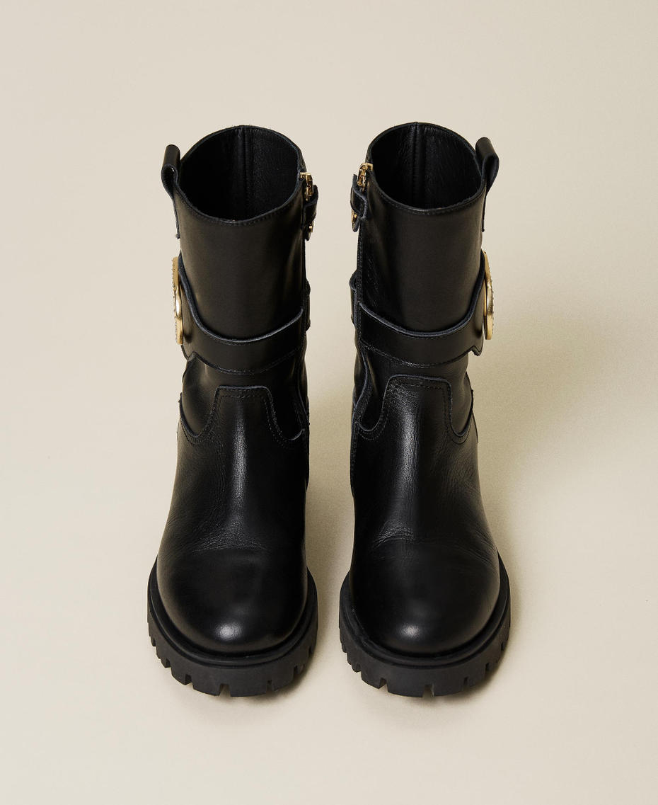 Leather biker boots with logo
