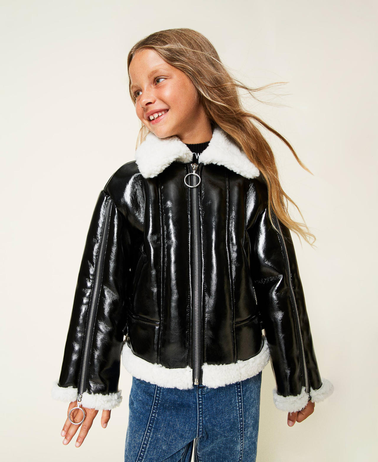 Leather like biker jacket with faux fur Girl Black TWINSET Milano