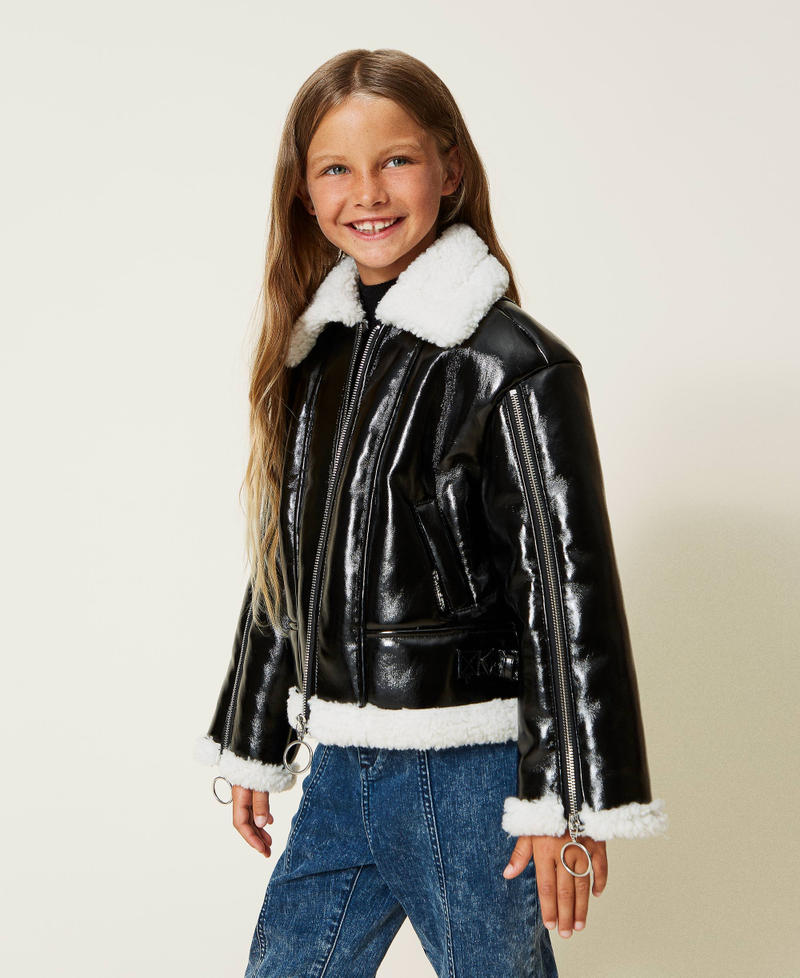 Giacca chiodo effetto pelle con faux fur Nero Bambina 222GJ2010-02