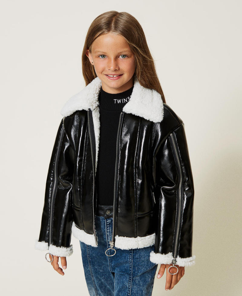 Leather-like biker jacket with faux fur Black Girl 222GJ2010-04
