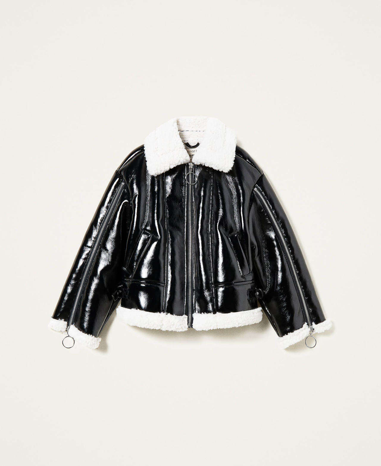 Leather-like biker jacket with faux fur Black Girl 222GJ2010-0S