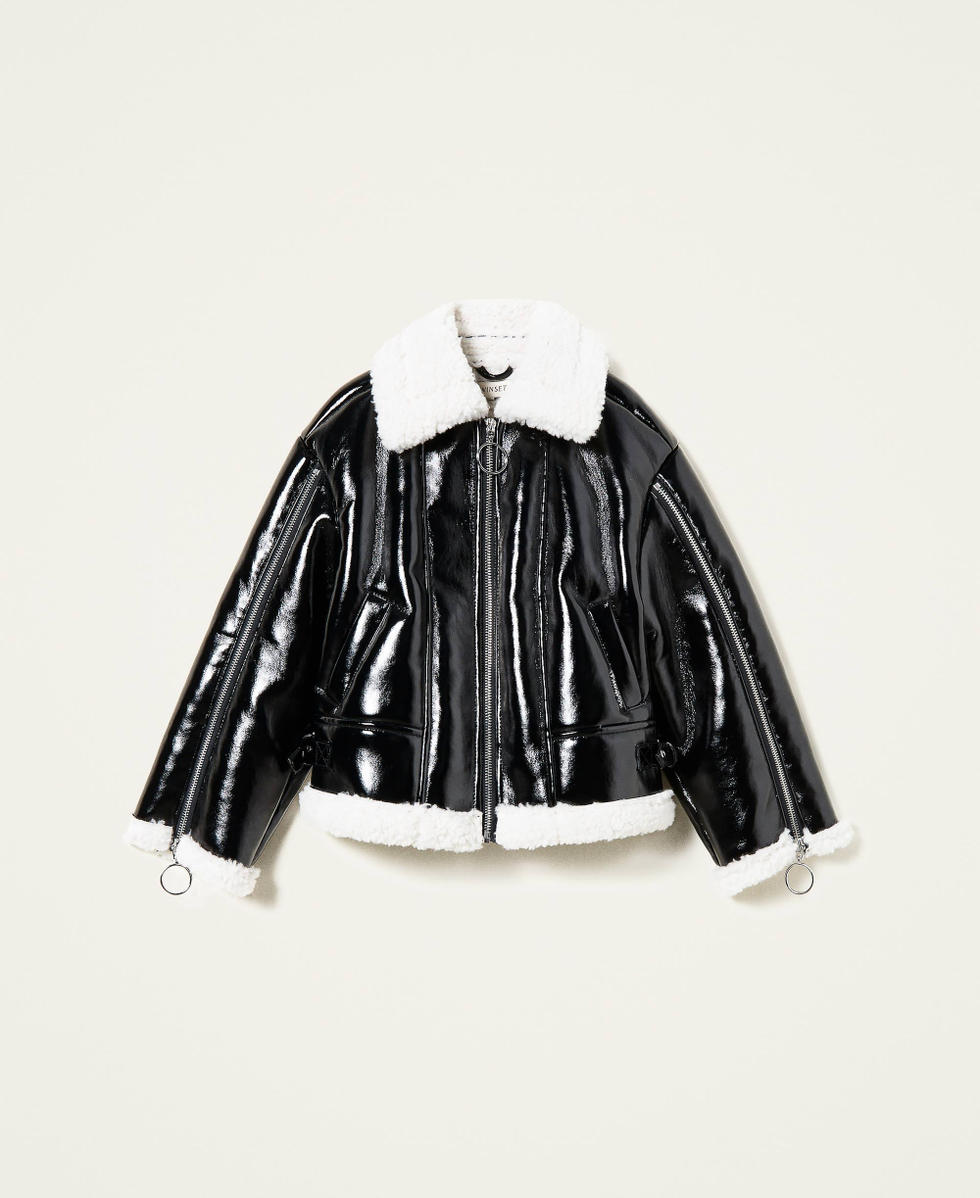 Leather-like biker jacket with faux fur Girl, Black | TWINSET Milano