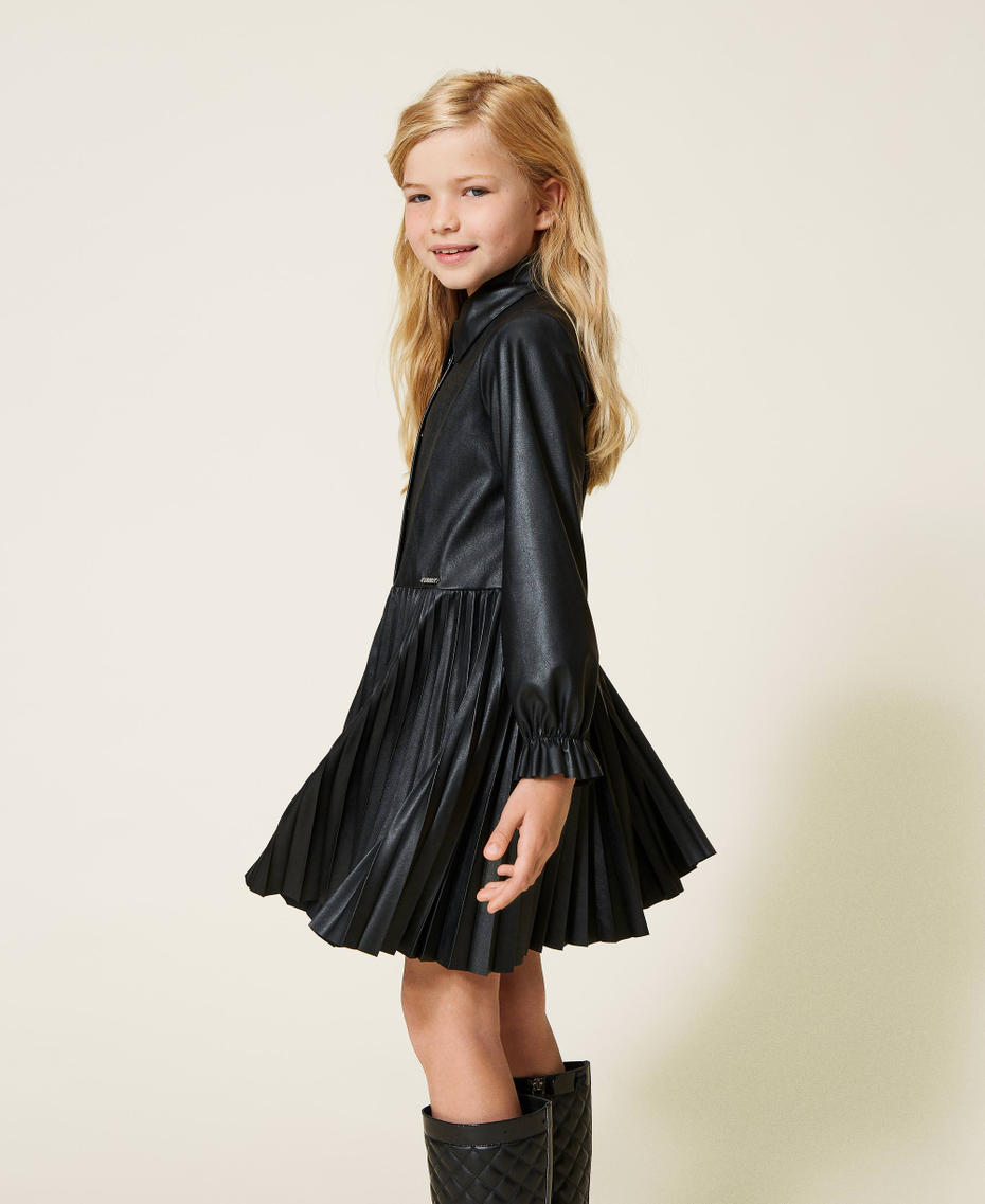 Leather-like dress with pleats Black Girl 222GJ2031-01
