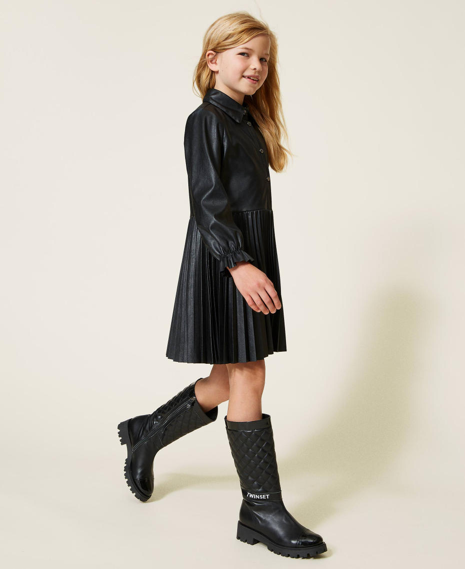 Leather-like dress with pleats Black Girl 222GJ2031-03
