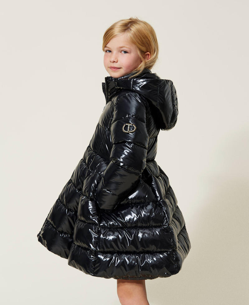 Shiny nylon long puffer jacket Black Girl 222GJ211F-01