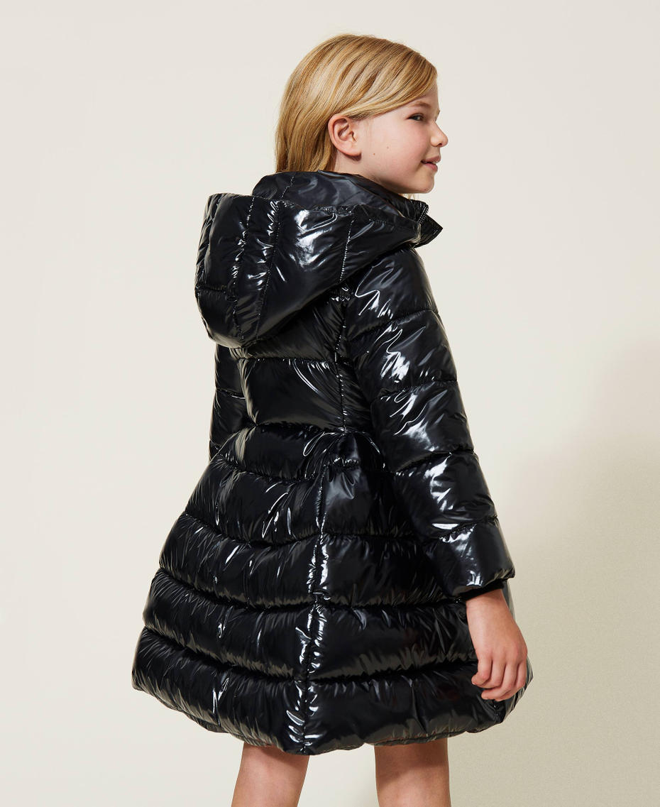 Shiny nylon long puffer jacket Black Girl 222GJ211F-04