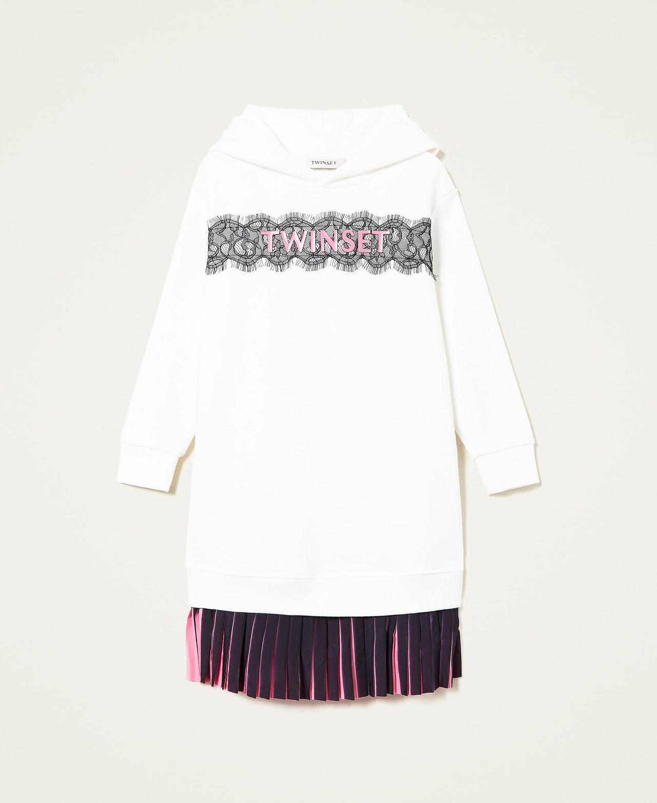 Plush fabric dress with pleated flounce Bicolour Off White / Black Girl 222GJ2123-0S