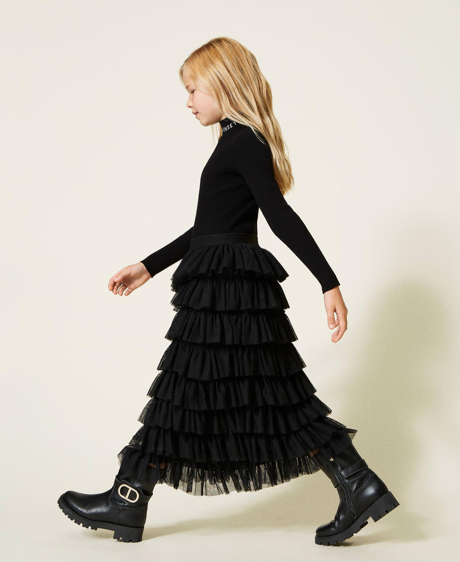 Long tulle skirt with flounces Black Girl 222GJ215B-01