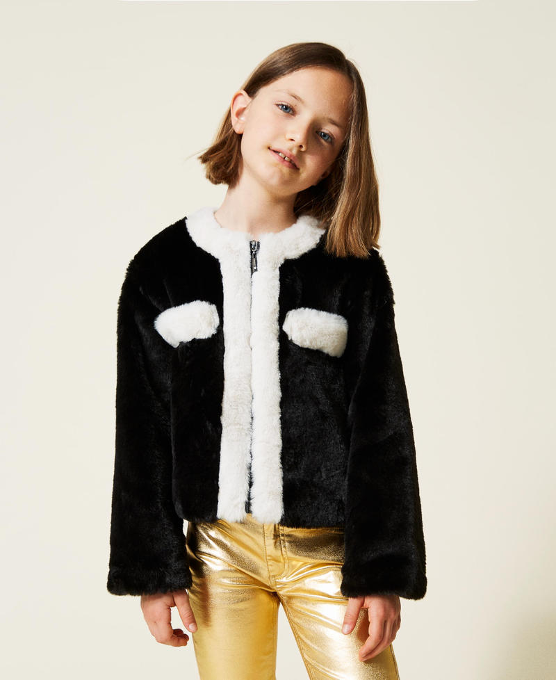 Two-tone faux fur jacket Bicolour Black / Off White Girl 222GJ2170-01