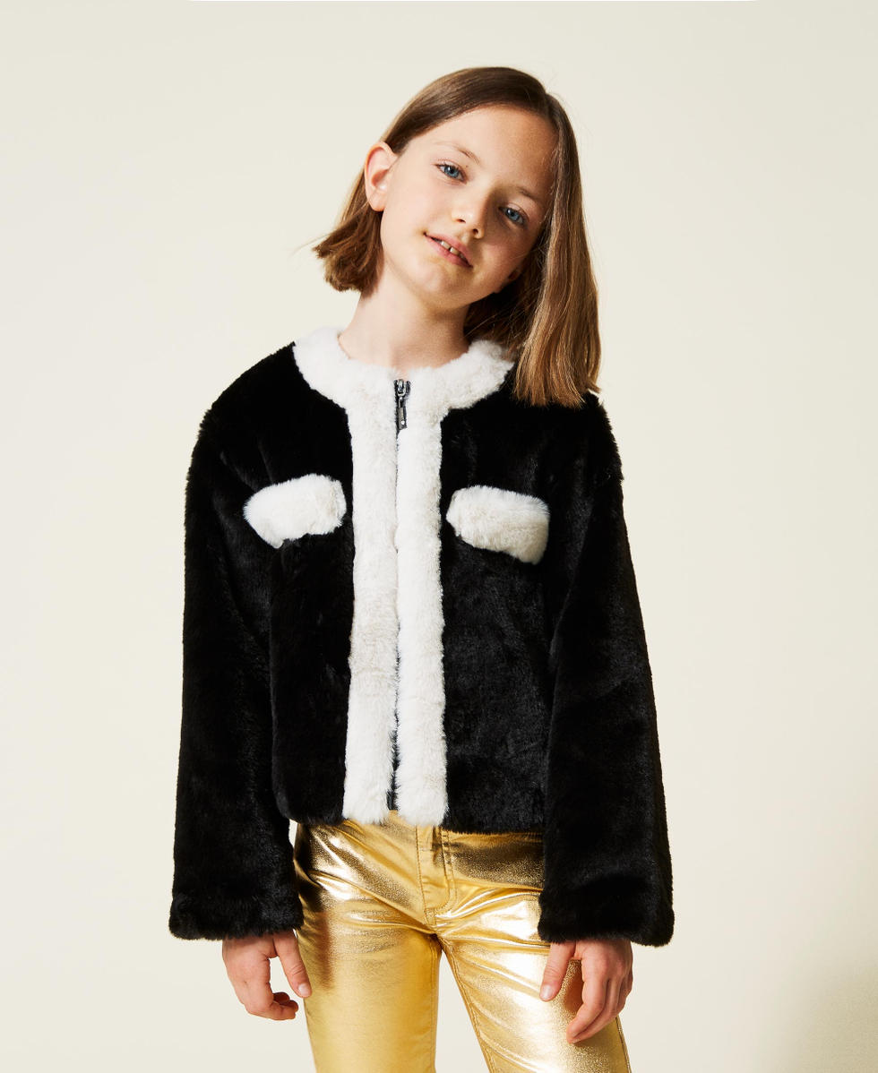 Two tone faux fur jacket Girl Black TWINSET Milano