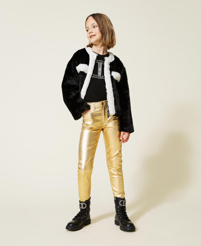 Two-tone faux fur jacket Bicolour Black / Off White Girl 222GJ2170-0T