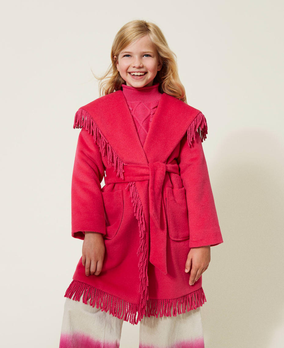 Velour wool cloth coat with fringes Silk Fuchsia Girl 222GJ2252-01