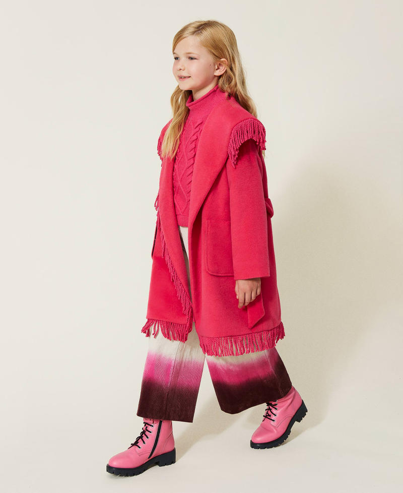Velour wool cloth coat with fringes Silk Fuchsia Girl 222GJ2252-03