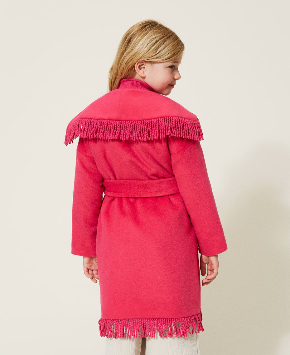 Velour wool cloth coat with fringes Silk Fuchsia Girl 222GJ2252-04