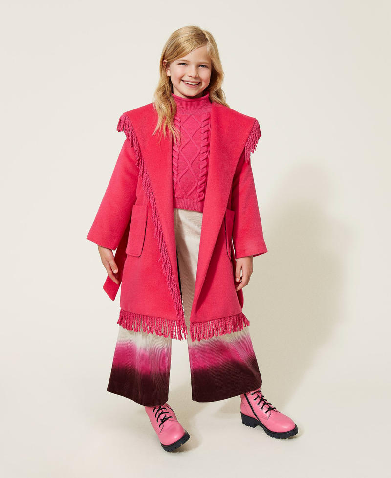 Velour wool cloth coat with fringes Silk Fuchsia Girl 222GJ2252-0T