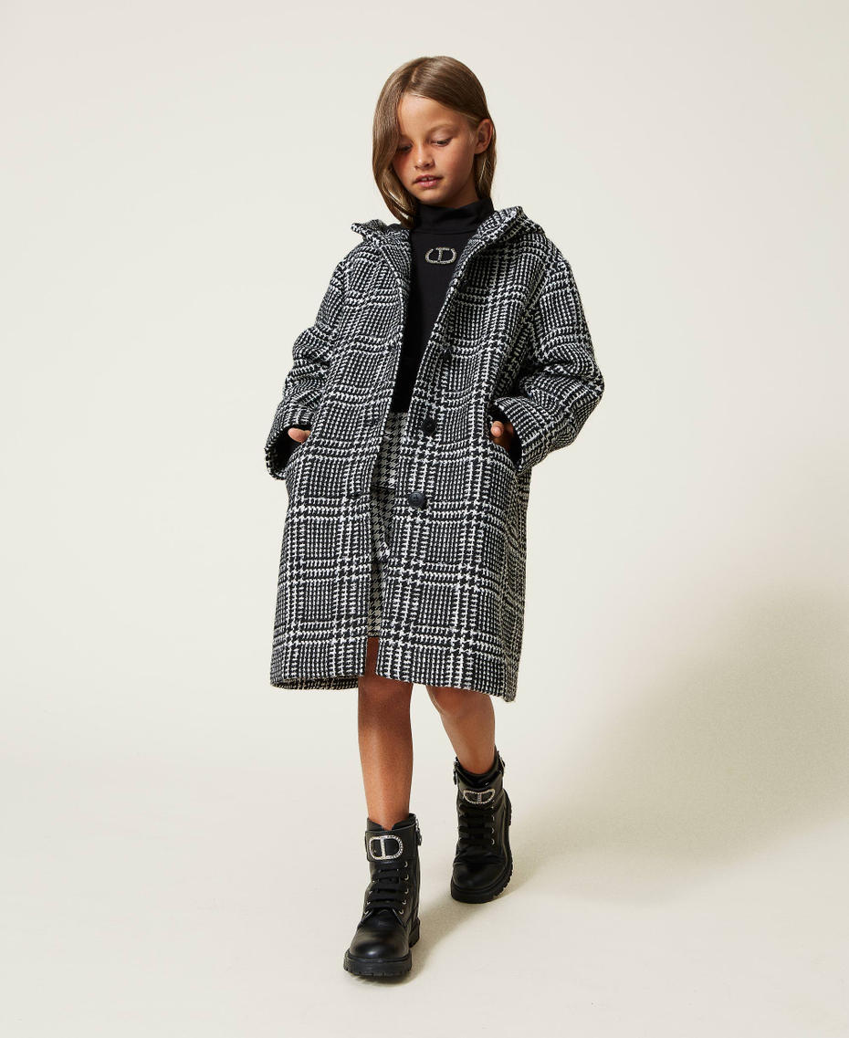 Chequered wool cloth coat with Lurex Mother-of-Pearl / Black Check Pattern Girl 222GJ225A-01