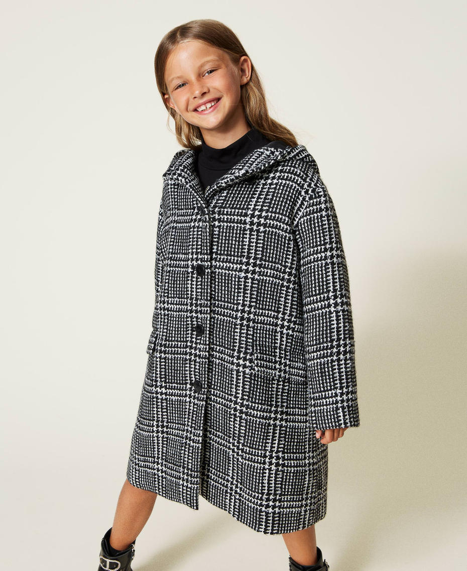 Chequered wool cloth coat with Lurex Mother-of-Pearl / Black Check Pattern Girl 222GJ225A-05