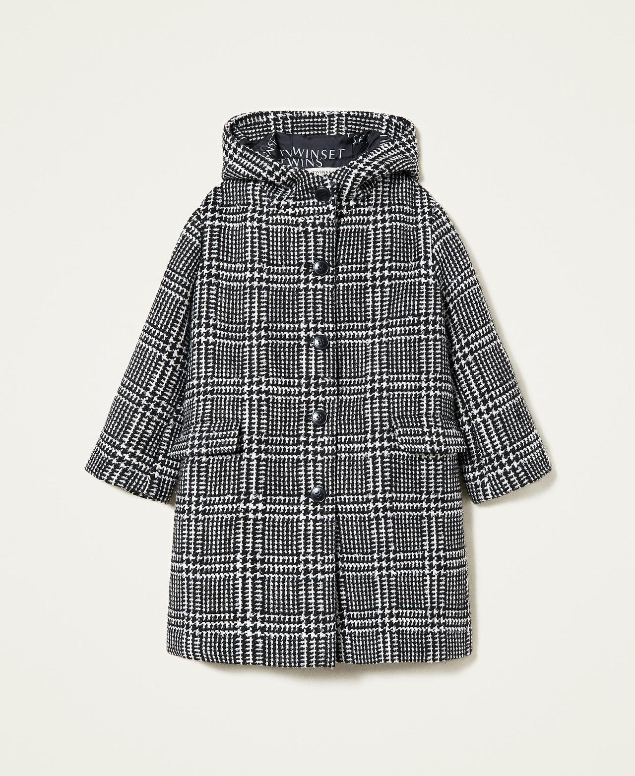 Chequered wool cloth coat with Lurex Mother-of-Pearl / Black Check Pattern Girl 222GJ225A-0S