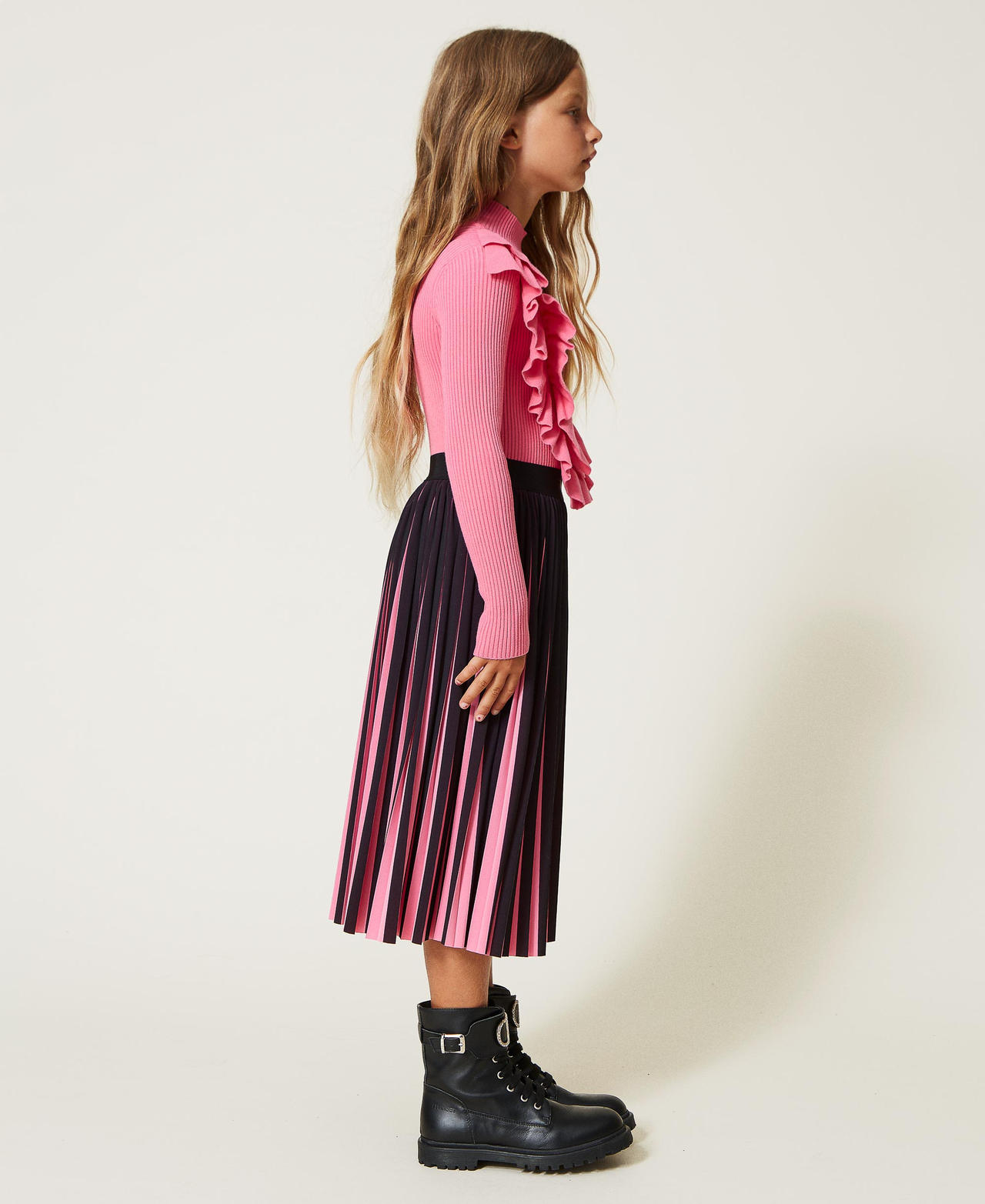 Плиссированная юбка в стиле колор-блок Двухцветный Черный/Розовый "Румяная заря" Девочка 222GJ2281-02