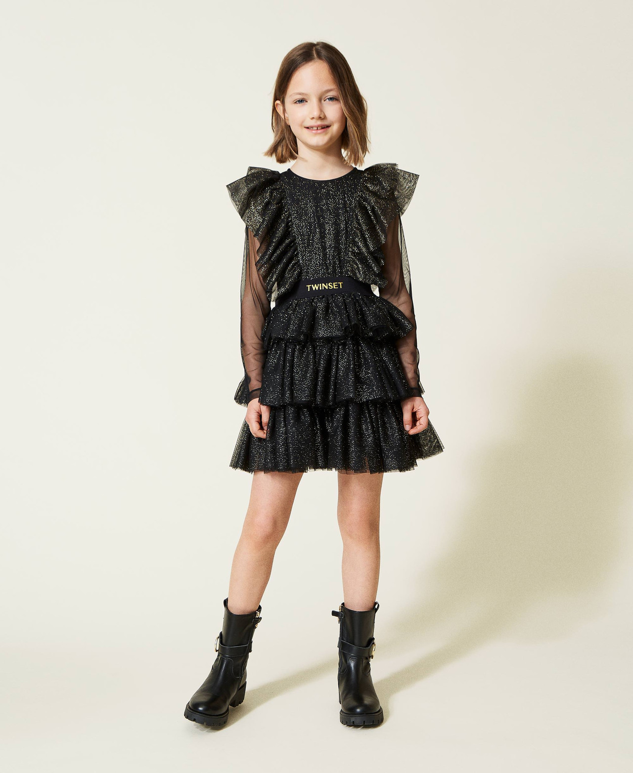 Abito corto in tulle con volant e balze Bambina, Rosa | Milano