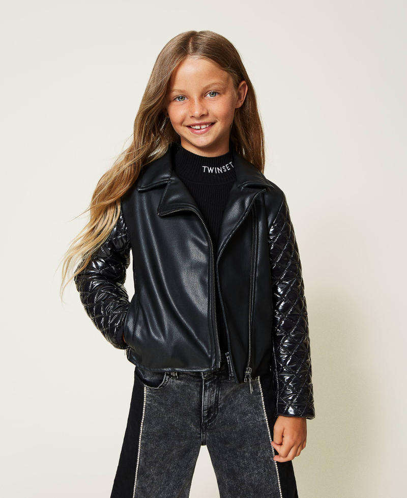 Leather-like biker jacket with nylon Black Girl 222GJ232A-01
