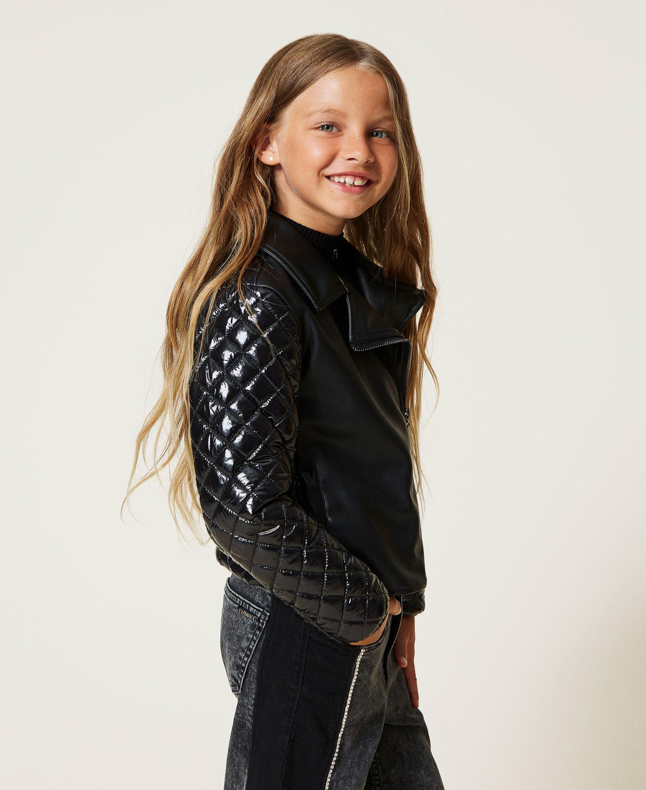 Leather-like biker jacket with nylon Black Girl 222GJ232A-02
