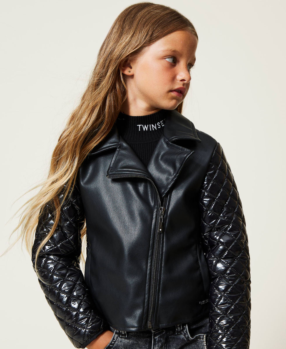 Chaqueta motera efecto piel con nailon Niño, Negro | TWINSET