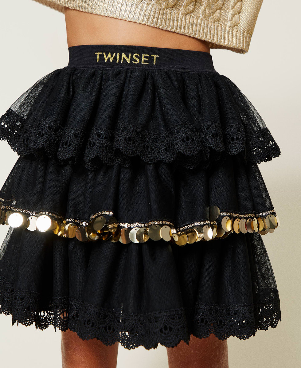 Tulle skirt with lace and sequins Girl, Black | TWINSET Milano