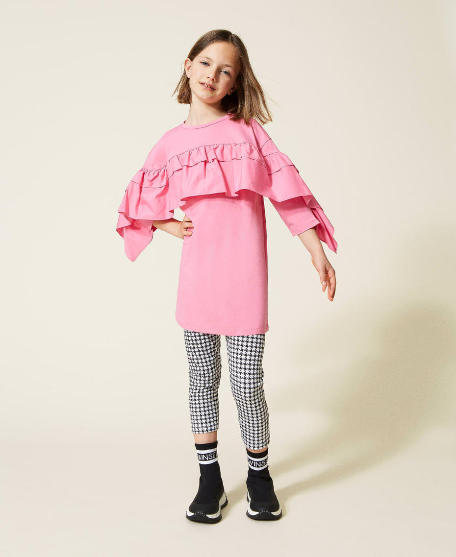 Maxi t-shirt with ruffles and leggings Two-tone "Sunrise" Pink / Houndstooth Print Girl 222GJ2392-01