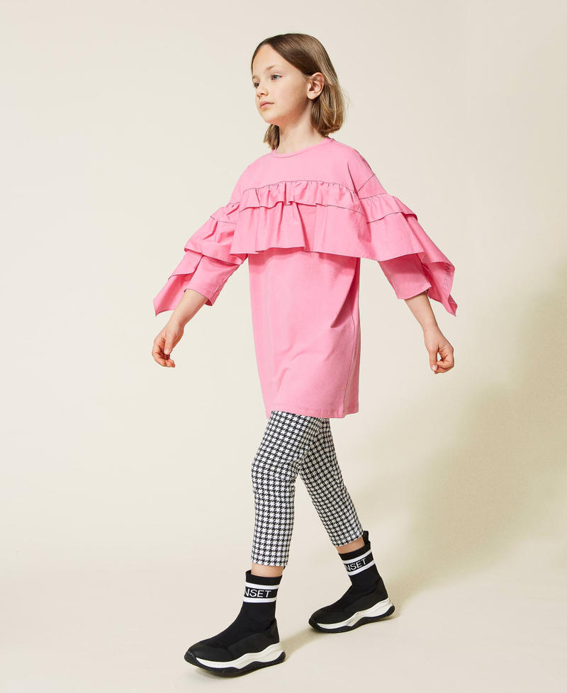 Maxi t-shirt with ruffles and leggings Two-tone "Sunrise" Pink / Houndstooth Print Girl 222GJ2392-02