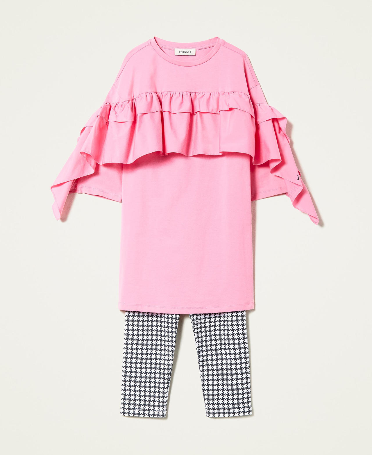 Maxishirt mit Volants und Leggings Zweifarbig „Aurora Pink“-Rosa / Print Hahnentrittmuster Mädchen 222GJ2392-0S