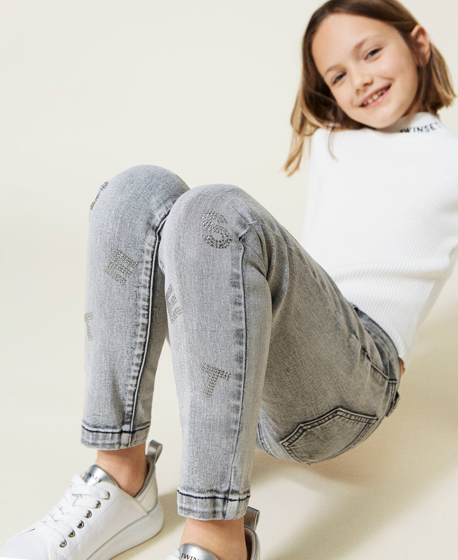Skinny jeans with rhinestone lettering Faded Grey Denim Girl 222GJ2410-01