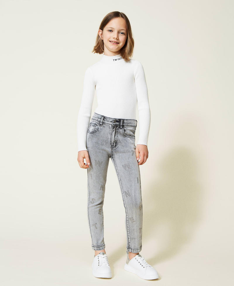 Skinny jeans with rhinestone lettering Faded Grey Denim Girl 222GJ2410-02